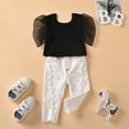 thumbnail image 4 of WOLLED 2PCS Toddler Baby Girls Denim Outfits Infant Solid Mesh Crop Lace Puff Sleeve Top+ripped Jeans Hem Denim Long Pants 6M-5Y, 4 of 11