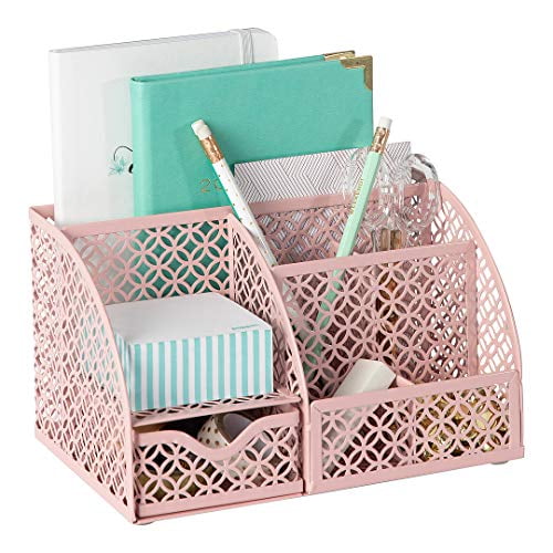 Riviera Designer Metal Desk Organizer with Drawer - Pink