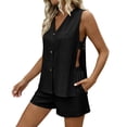 thumbnail image 2 of Women's Summer Linen Set Casual Button V-Neck Sleeveless Top And Shorts Two-Piece Set, 2 of 9