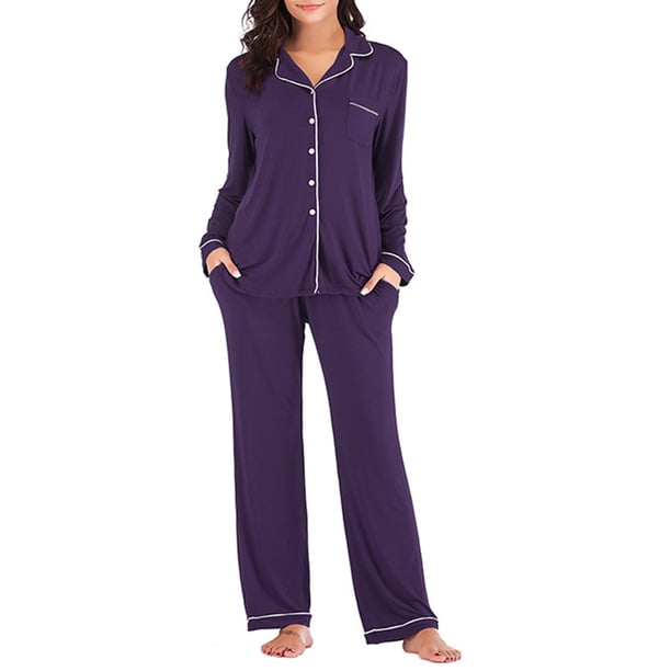 Púrpura Inicio Ropa Pijamas Mujer Primavera/Verano Modal Manga Larga Cárdigan Conjunto De Dos Piezas