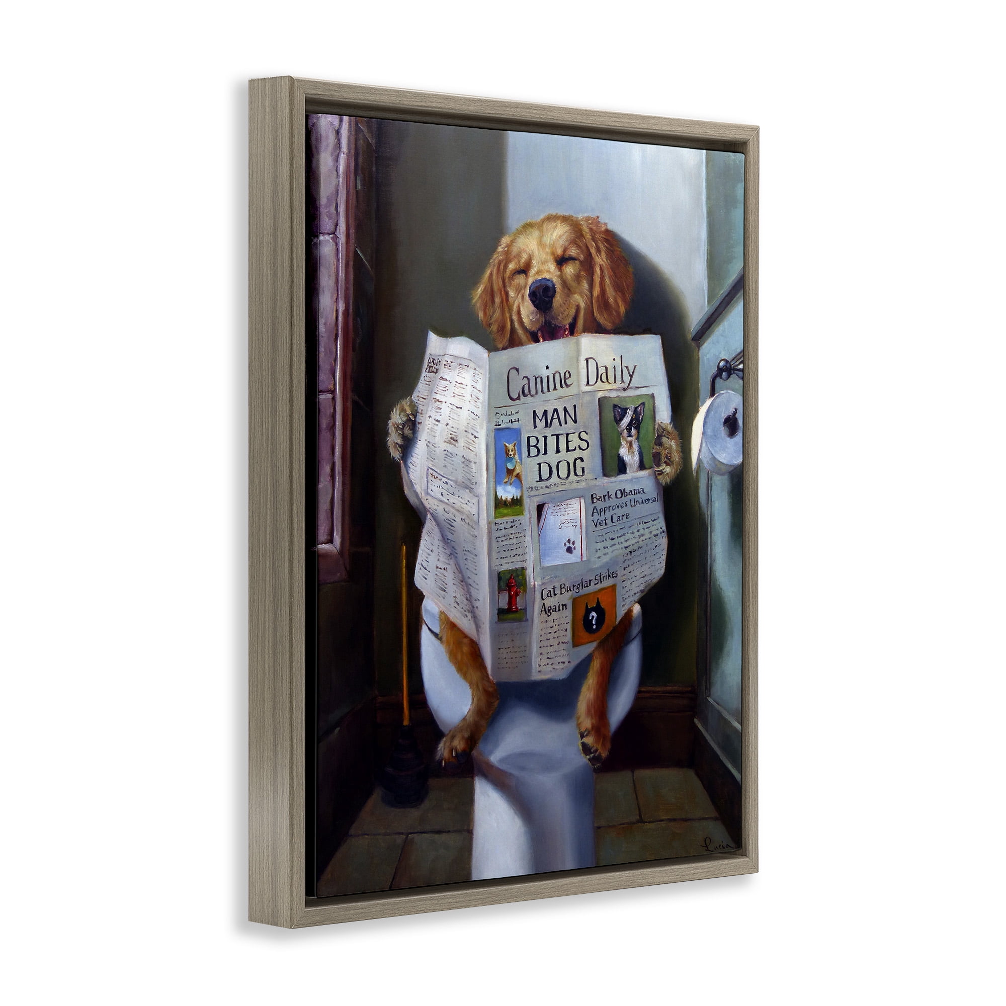 Stupell Industries Dog Reading Newspaper On Toilet Animals & Insects Painting Brown Floater Framed Canvas Art Print Wall Art, 25 x 31