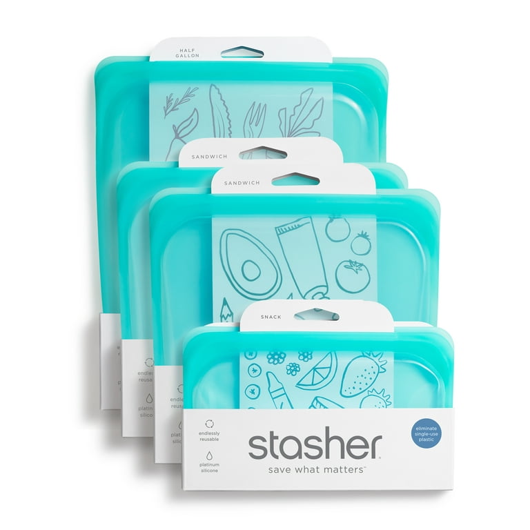 Stasher Reusable Silicone Bag Starter Kit, Aqua, 4 Pack