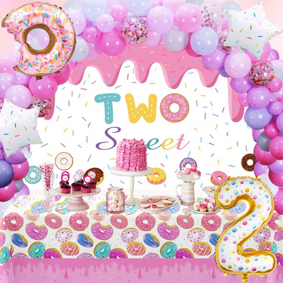 Crenics 99 Pieces Two Sweet Birthday Party Decorations - Cute Two Sweet Birthday Banner, Colorful Balloons Arch Garland, Tablecloth, Star Foil Balloon and 2 Number Balloon for Girls T