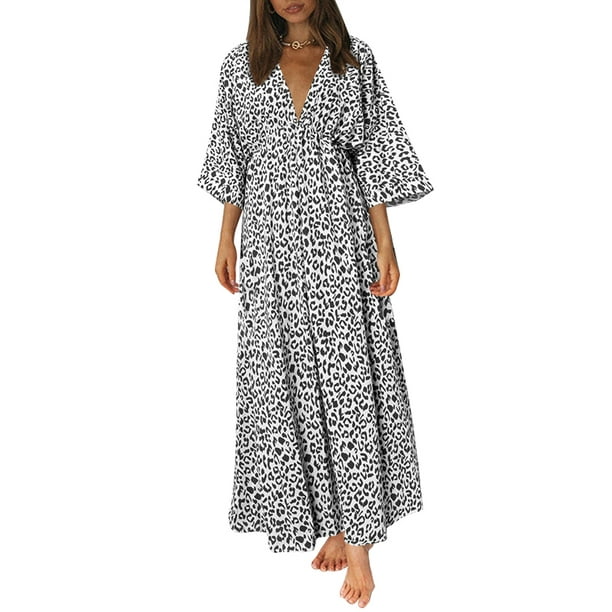 Celmia Celmia Women Leopard Print Dots 3/4 Sleeve Big V-Neck Dress - Walmart.com - Walmart.com
