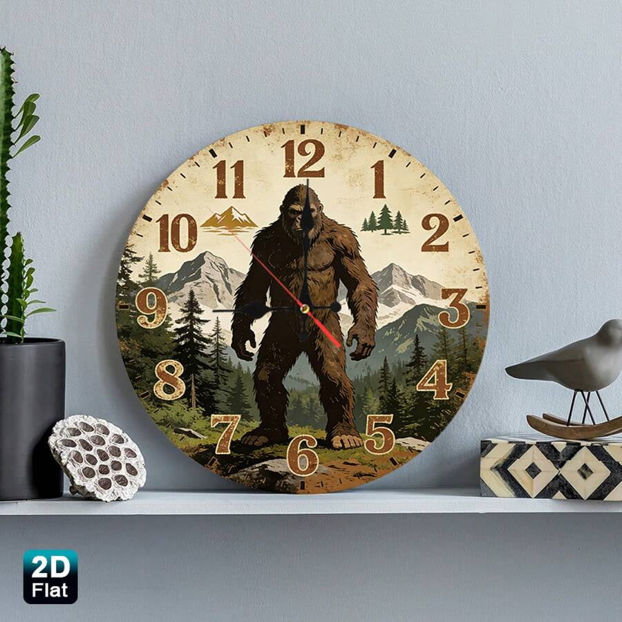Silent Non-Ticking Round Wall Clock, Vintage Bigfoot Sasquatch Mountain Pine Forest Wall Clock, Retro Outdoor Wilderness Cryptid Decorative Hanging Clock for Cabin Living Room Decor