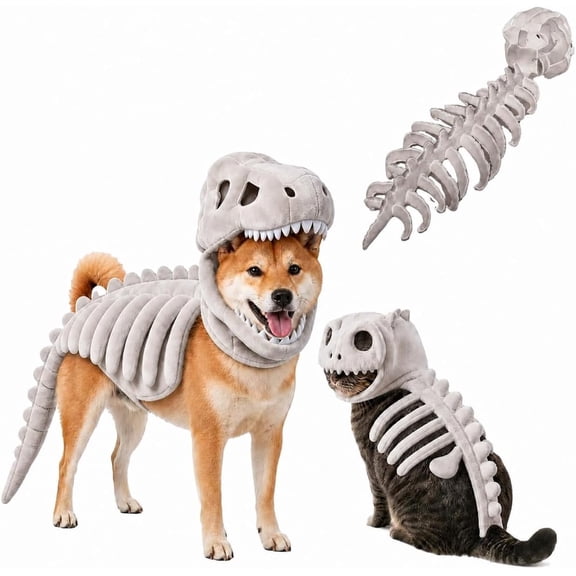 Rongyun Pet Dinosaur Costume, Soft Plush T-Rex Skeleton, Halloween Realistic 3D Dinosaur Skeleton Costume, Plush Halloween Pet Hood Outfit Pet Cosplay Clothes for Dog Cat Gray (35.4inch)