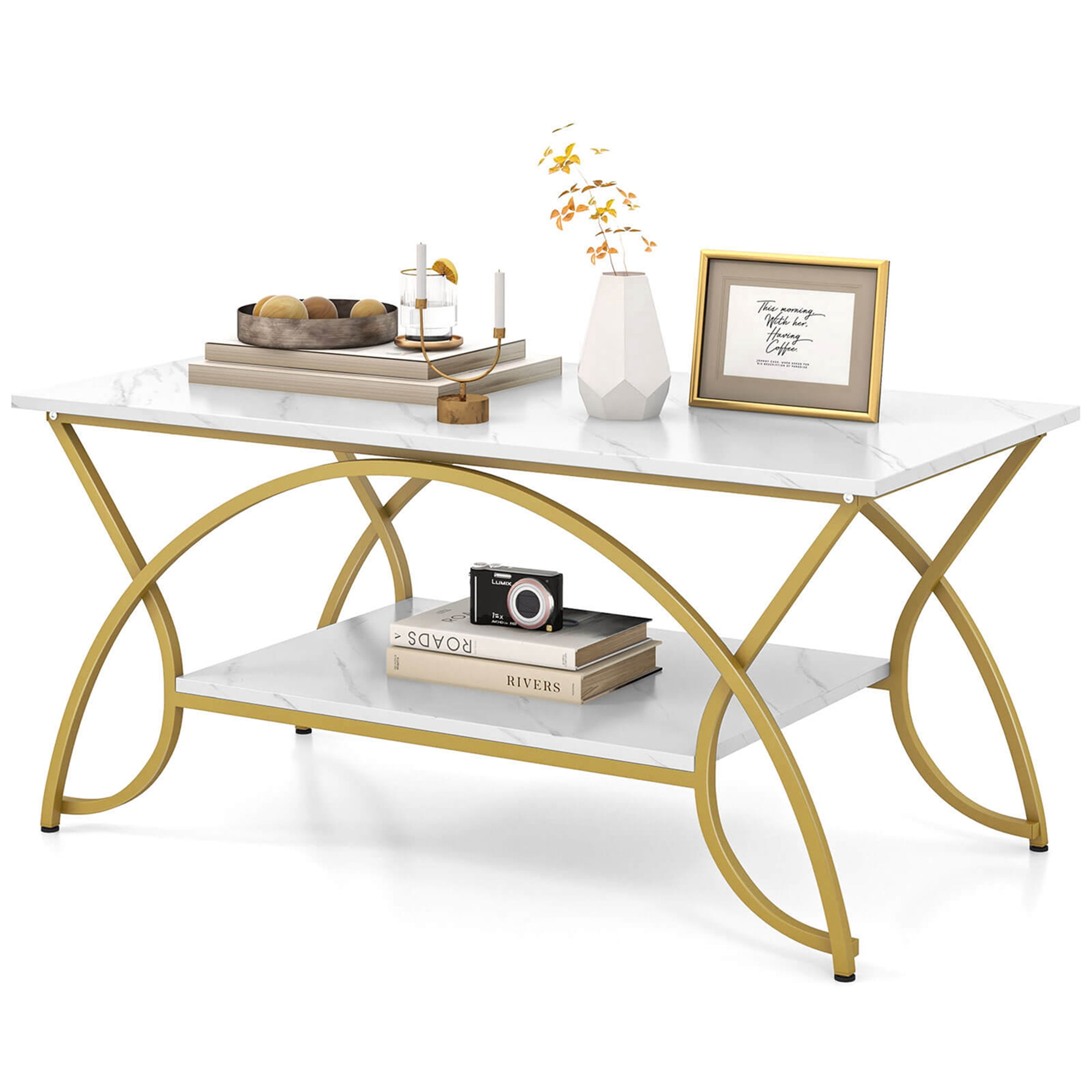 Costway Coffee Table Modern Marble 2-Tier Coffee Table  Gold Rectangle for Living Room