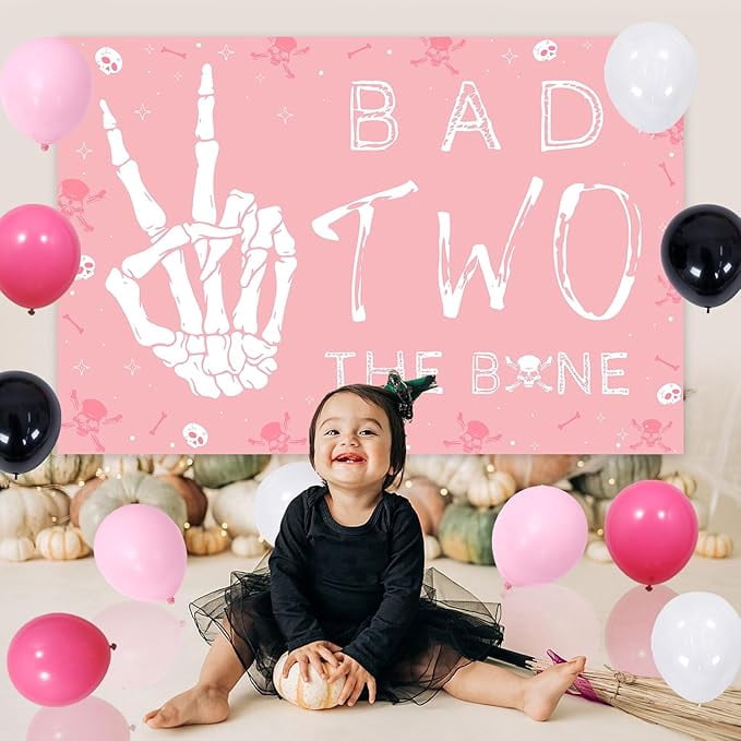 78Pcs Bad Two the Bone 2nd Birthday Party Decorations for Girls Pink Balloon Garland Arch Kit with Skull Bone Backdrop, Rock N Roll Music Theme 90s Second Birthday Party Decor