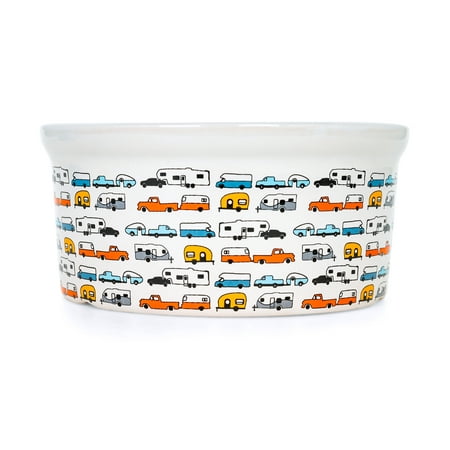 Camco Life is Better at The Campsite Pet Food Dish for Cats and Dogs-for Camping RVing, Traveling and More-White with Multicolor Retro RV Print