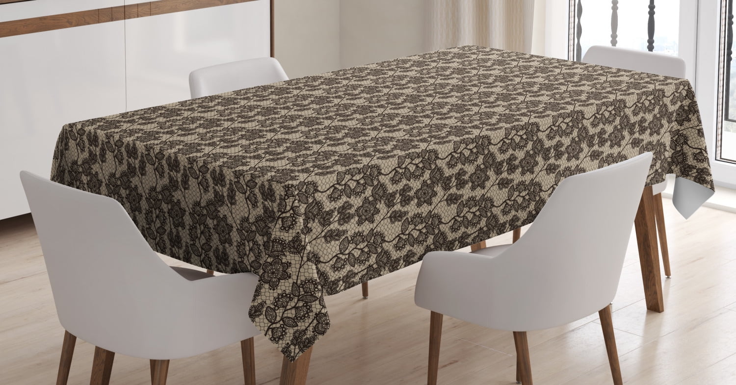 Brown Beige Floral Composition with Doodle Leaves and Petals on Lacework Pattern Background Dining Room Kitchen Rectangular Table Cover 60 X 84 Ambesonne Vintage Tablecloth