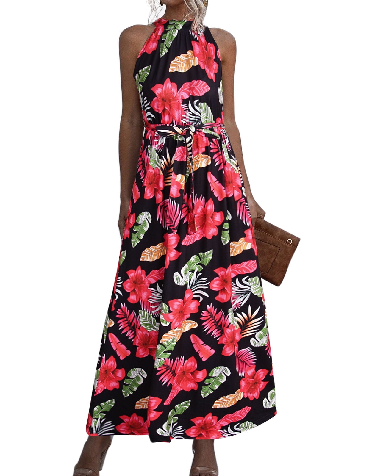 Summer Dresses for Women Tropical Leaf Print Maxi Dress Halter ...