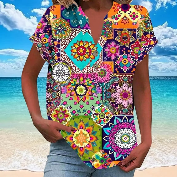 Jjayotai Womens Golf Shirt, Performance Moisture Wicking Quick-Dry Golf Polo Shirts for Women, Plus Size Tops for Women, Boho Top, V Neck Short Sleeve Blouse Multicolor^ XXL