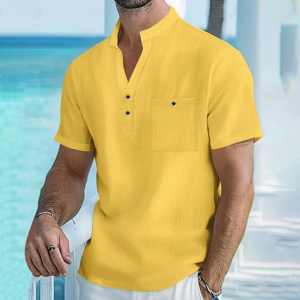 Camisetas Elvqul para Caballero Casual Amarillo Manga Corta Liso