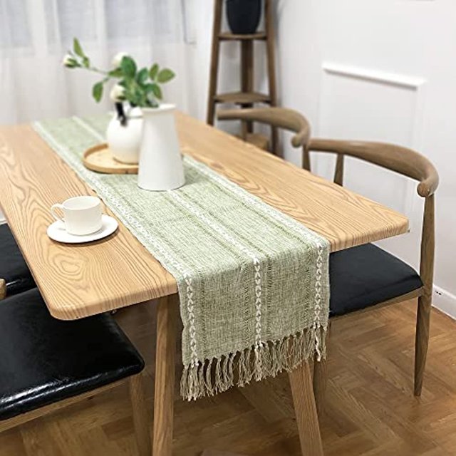 Camino de mesa vintage con borlas para bodas, mesa de comedor familiar, mantel decorativo hecho a mano, mantel de algodón y lino tejido a mano