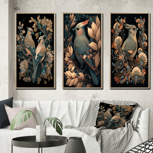Designart "Faded Retro Tones Cardinal Bird II" Animals Bird Framed Wall Art Set Of 3 - Red Bird Frame Canvas Set For Living Room Decor
