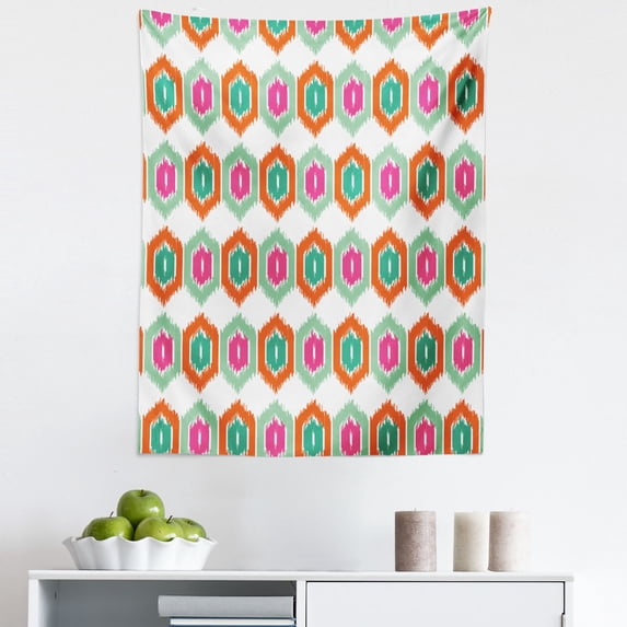 Ethnic Tapestry, Bohemian Geometric Traditional Folk Pattern Grungy Contrast Tones, Fabric Wall Hanging Decor for Bedroom Living Room Dorm, 5 Sizes, Orange Mint Green and Pink, by Ambesonne