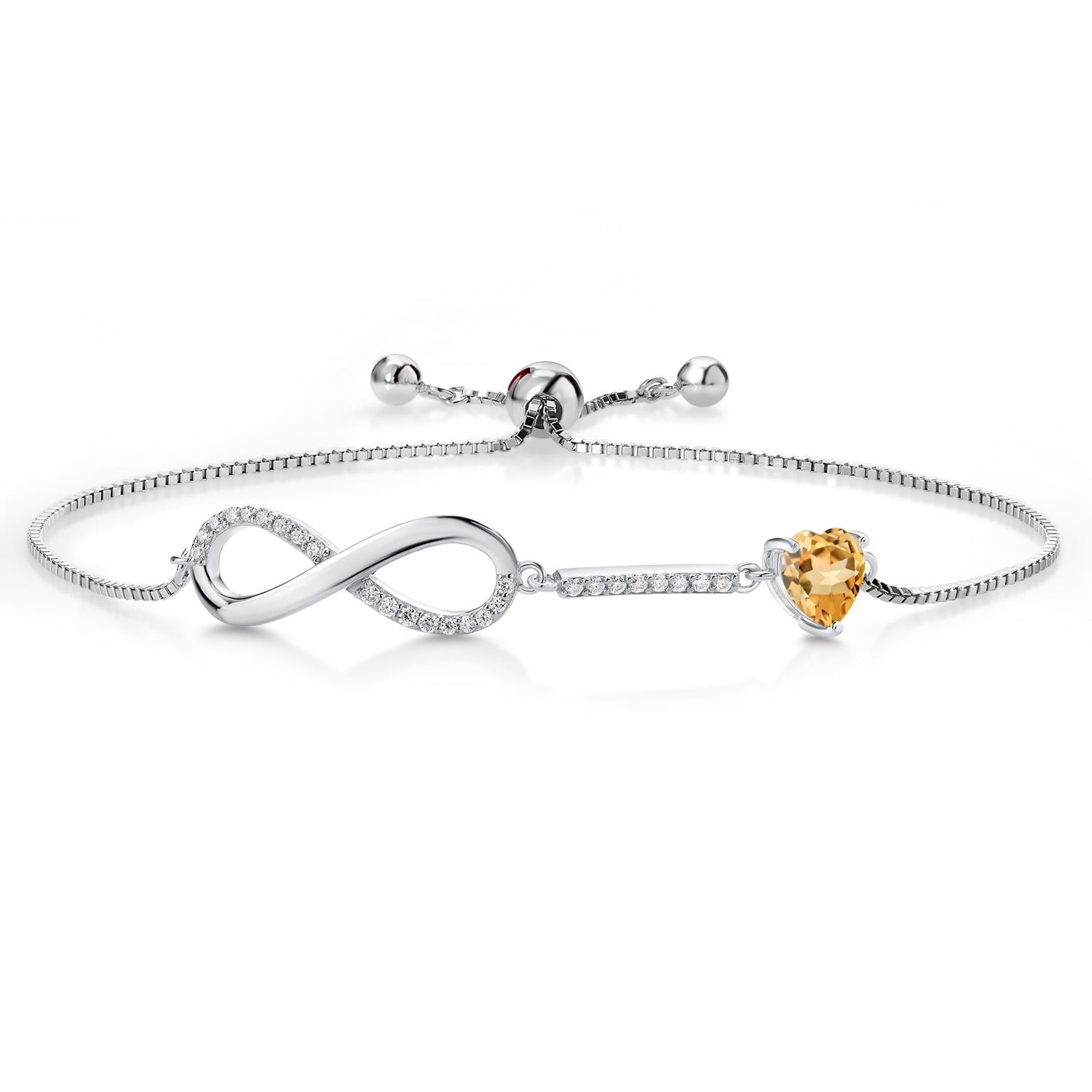 Gem Stone King 925 Sterling Silver Yellow Citrine and White Moissanite Bracelet for Women | 0.78 Cttw | Gemstone November Birthstone | Heart Shape 6MM | Fully Adjustable 9 inch