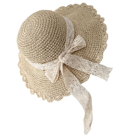 OUNONA  Lace Straw Bow Hat Breathable Summer Beach Miss Woman