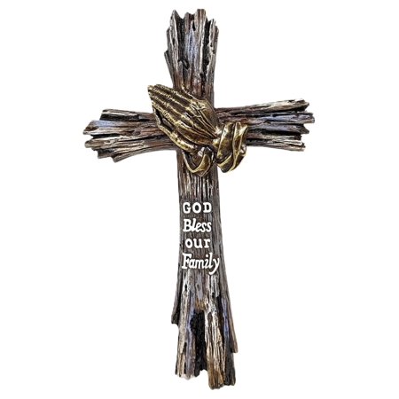 Wall Cross with Praying Hands on Driftwood - Rustic Golden Bronze Tone Crucifix - Christian Wall Art Spiritual Wall Decor Decorative Jesus Cross Sculpture Religious Wall Hanging Art