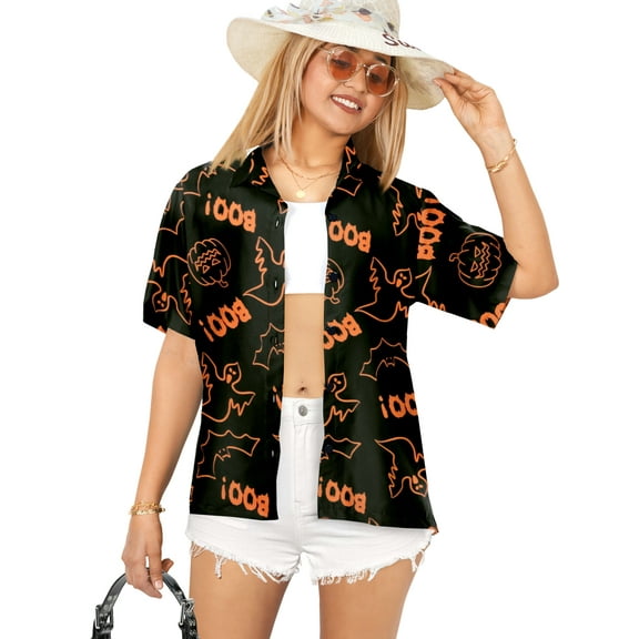 HAPPY BAY Women's Beach Hawaiian Blouse Shirt Spooky Boo Print Tops Short Sleeve Button Down Holiday Party Halloween Costumes Shirts for Women S Midnight Boo Scary Ghost