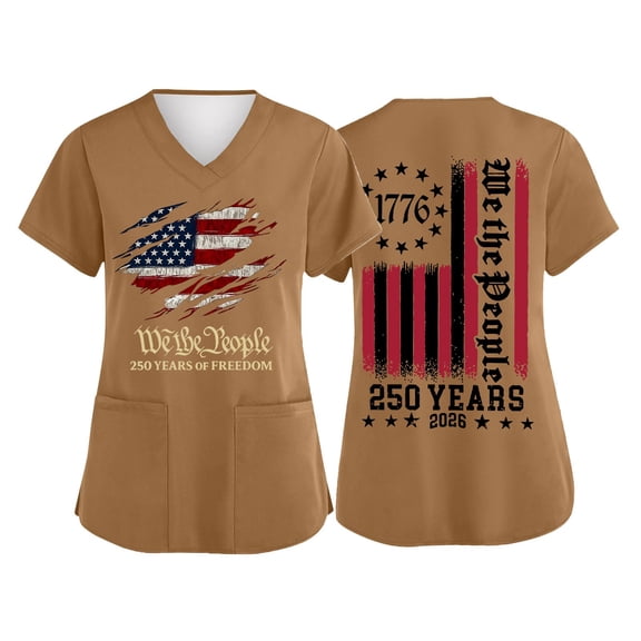 America 250 Years Scrub Shirt for Women Usa Flag Print Fourth Of July V Neck Tops Short Sleeve Lightweight Relaxed Fit Daily Wear Shirts with Pockets, #01 Light Brown, M