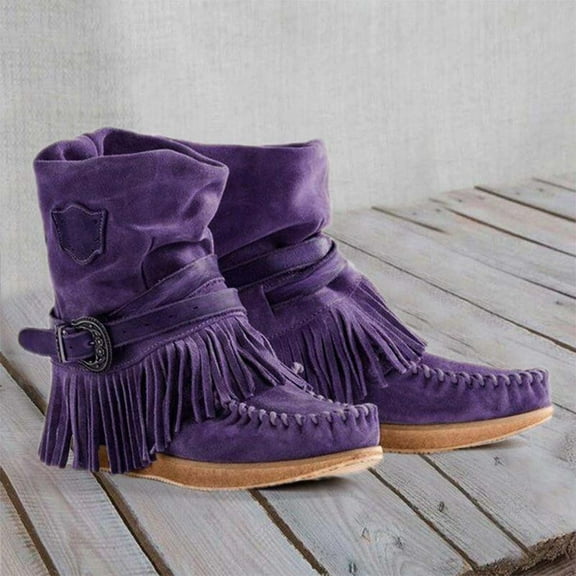 UTTOASFAY Clearance Shoes Women Boots,Tassel Boots for Women Suede Ankle Booties Winter Round Toe Vintage Fringe Mid-Calf Flat Shoes Flash Picks