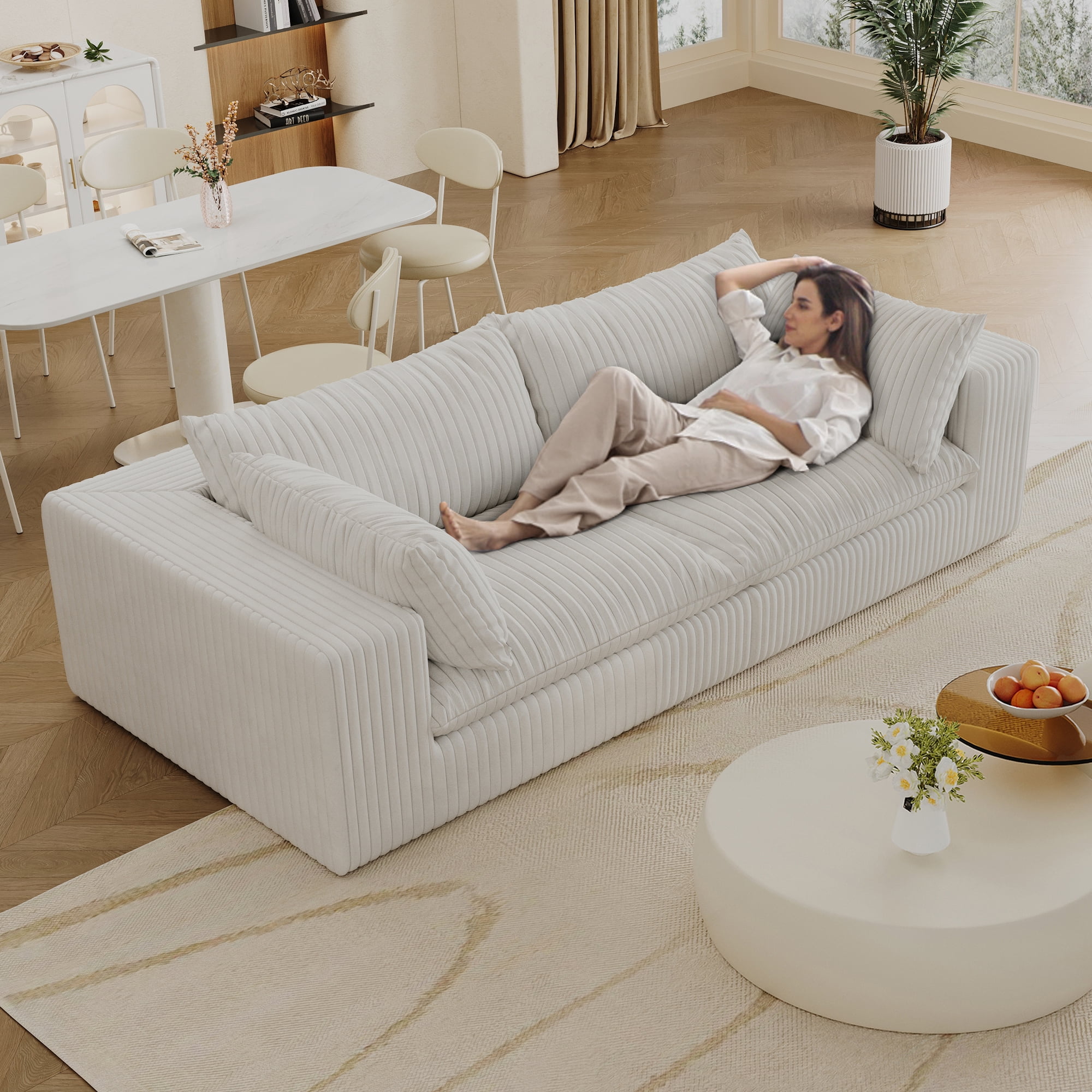 MAYEERTY 78.8" Cloud Sofa White Corduroy Deep Seat Double-Layer Removable Cushion No Assembly Multi-Rooms
