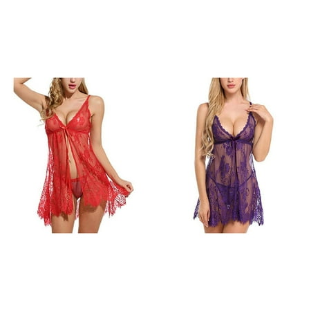 2-Pack Womens Lingerie Sleepwear Underwear Lace Bow Nightwear plus Size Two Piece Lingerie for Women Sheer Lingerie for Women Bustier Corset with Bling Lingerie Set for Women under 10