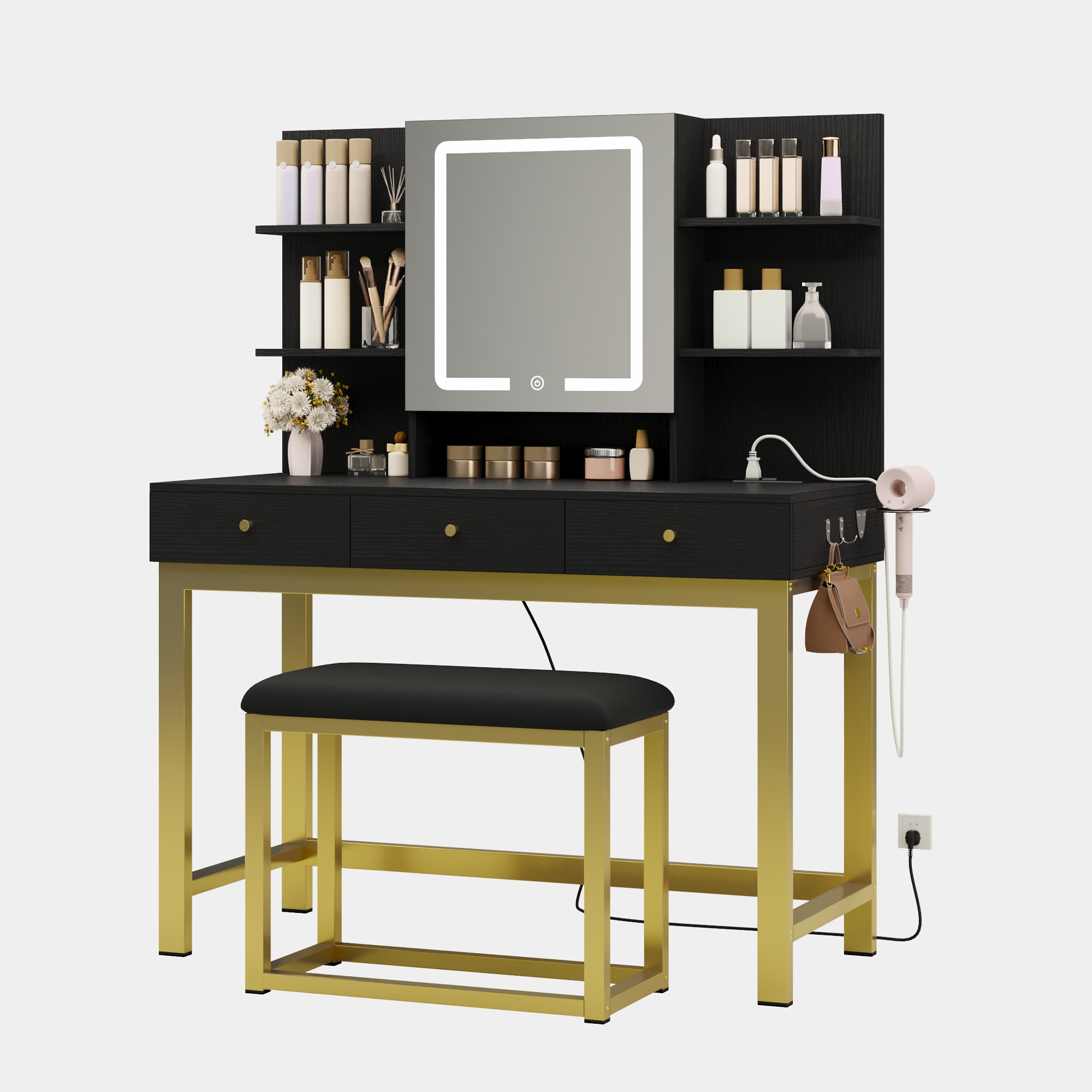 Uforic Vanity Set with Lighted Mirror & Power Outlet, Makeup Vanity Table Desk Chair Set for Bedroom, Black