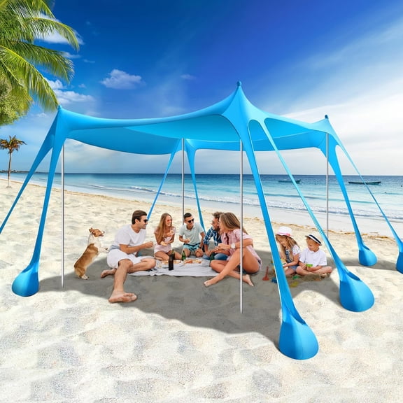 Rhino Valley Beach Tent Sun Shelter, Beach Canopy Tent Sun Shade UPF50  Protection with 8 Sandbags 4 Stability Poles, Outdoor Beach Shade Canopy for Beach, Camping, Fishing