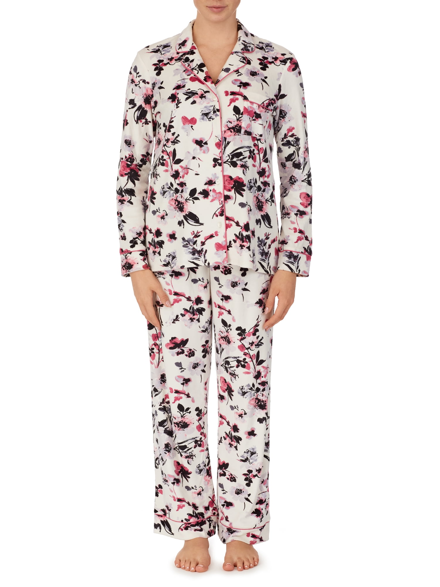 New Womens Pyjama Set White Floral Stripes Ex High street 100% Cotton