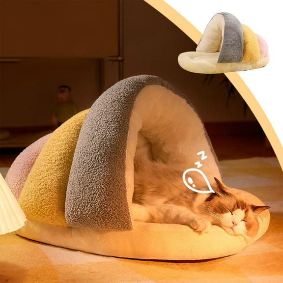 Nebwoak Winter Warming Cat Bed - Semi Enclosed Slipper Style with Wool Lining, Corduroy Outer, Washable, Portable for Indoor Sofa Floor Car, 15.75x11.42in, for Cats & Small Dogs