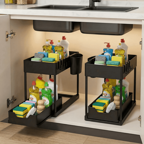 2-Pack Under Sink Pull Out Kitchen Storage Rack - 2 Tier Spice Organizer for Dishes & Utensils