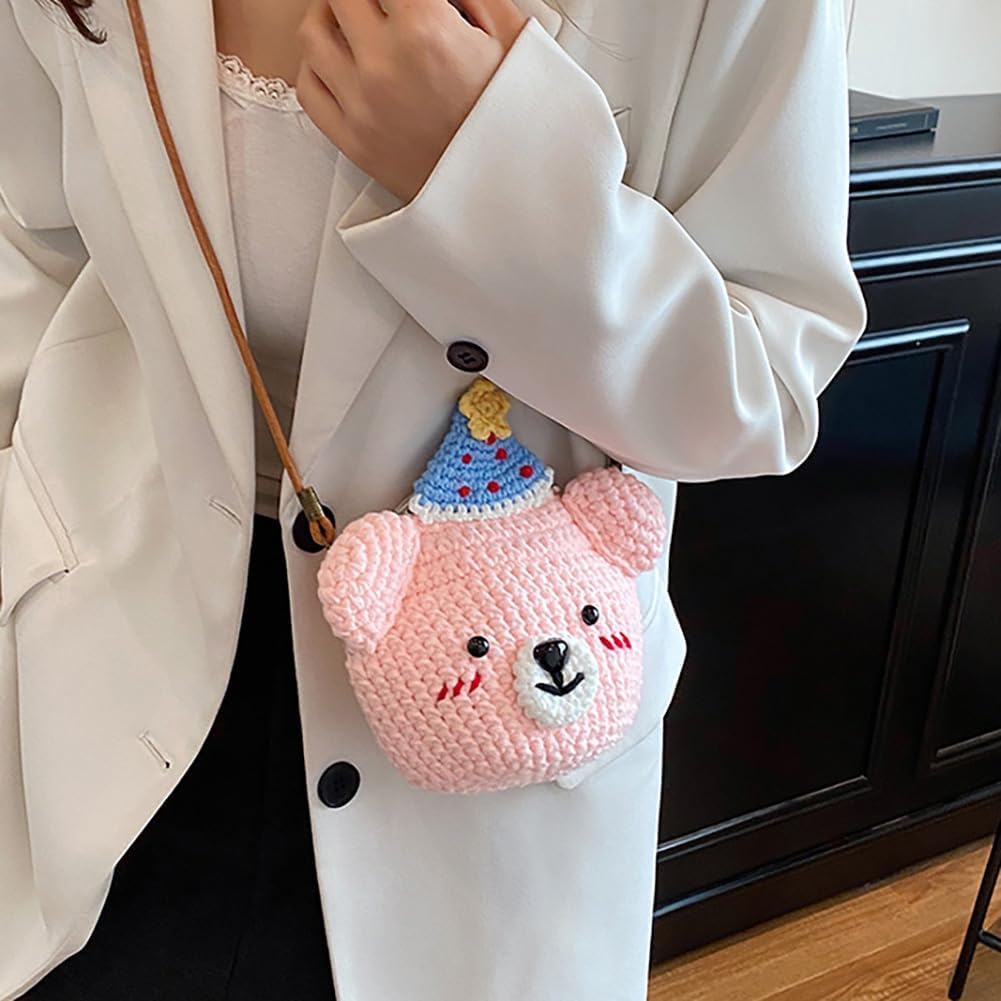 Baguery Handmade Crochet Party Hat Bear Crossbody Bag - Cute Knitted Animal Purse with Metal Frame, Mini Shoulder Bag for Women