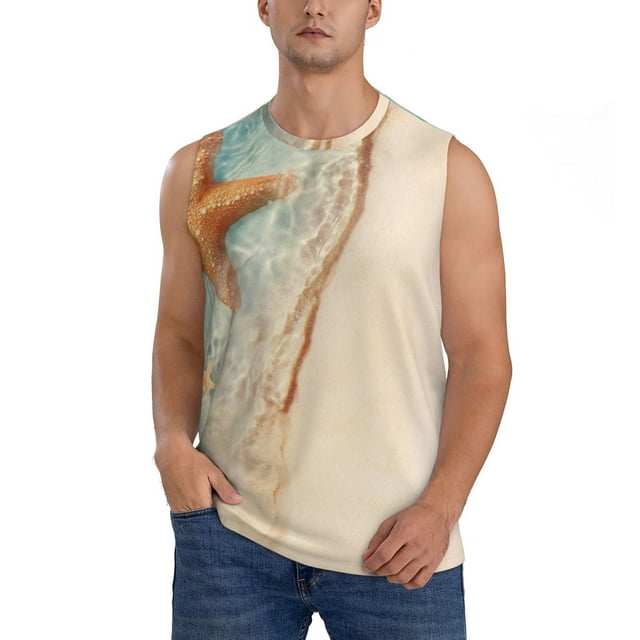 Bingfone Starfish On The Sand Beach Pattern Men's Tank Tops Workout Sleeveless Tee Shirts Running Beach Tanks for Men-Medium