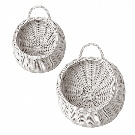 White Woven Wicker Willow Basket Wall Planter Organizer Flowers Plants Modern Farmhouse Beach House Decor Set of 2 (13 & 9.5 H)