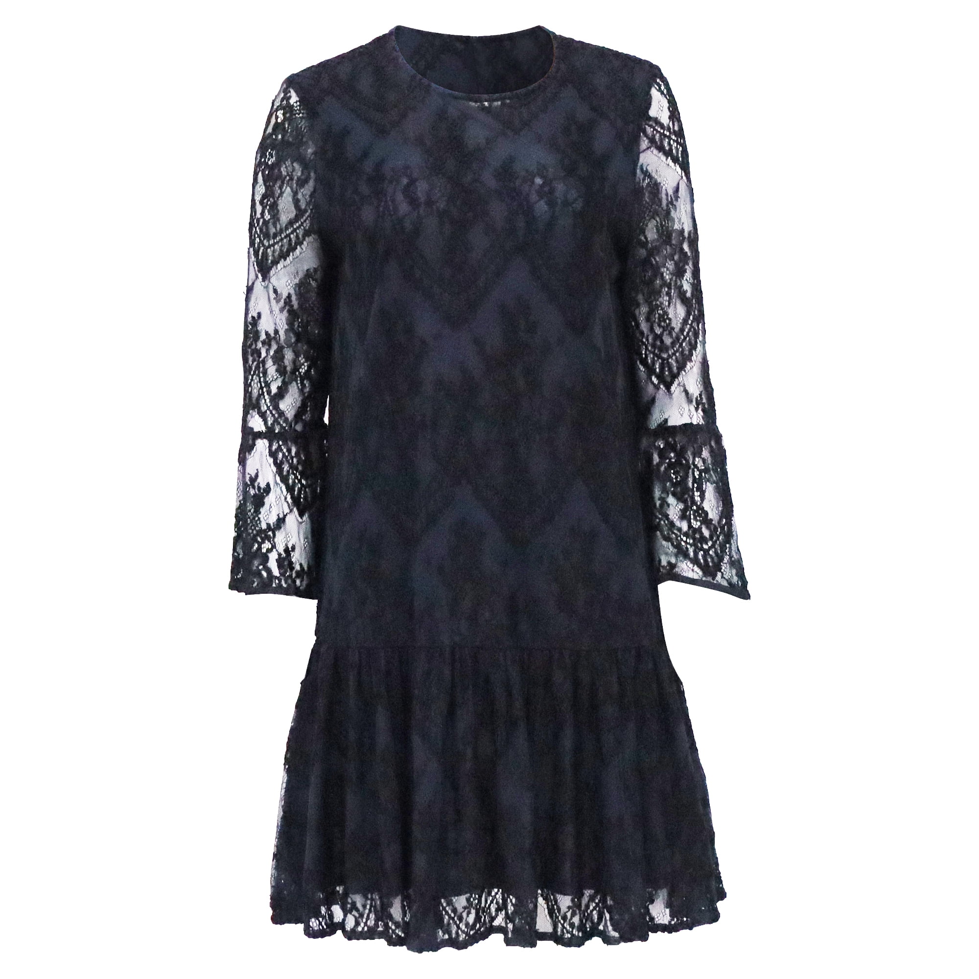 Pre-Owned Ganni Ruffled Embroidered Lace Mini Dress inNavy Blue Viscose -  Walmart.com