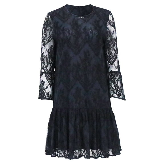 Pre-Owned Ganni Ruffled Embroidered Lace Mini Dress inNavy Blue Viscose