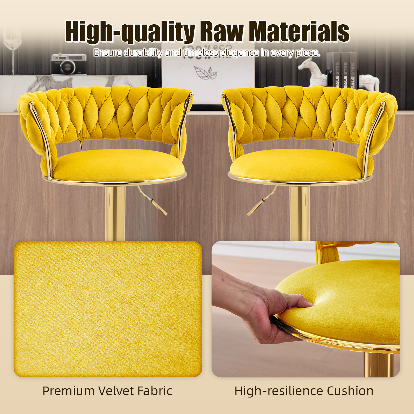 MOONMISS Velvet Upholstered Adjustable Height Swivel Armless Bar Stools with Golden Footrest(set of 2)-Yellow