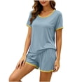 thumbnail image 4 of WIZUTIZ Women's Solid Color Crew Neck Short Sleeve Shorts Pajama Set Soft Modal Cotton Loungewear Comfy Sleepwear Casual 2 Piece Lounge Set, 4 of 6