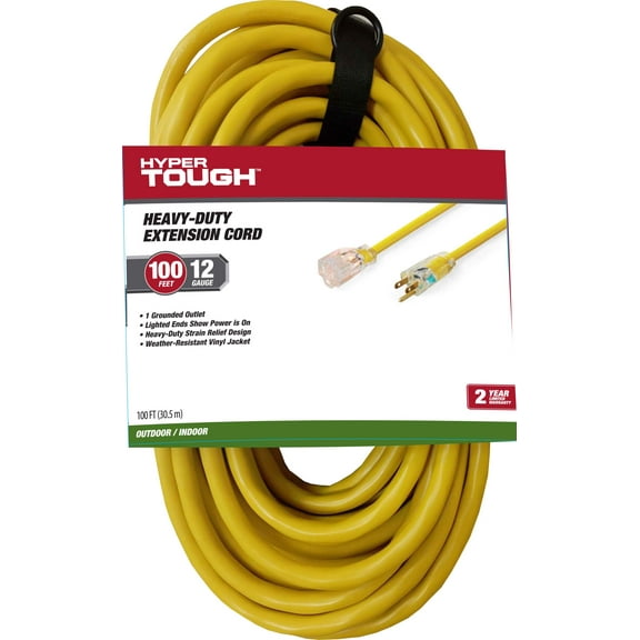 Hyper Tough 12AWGX3C 100ft Indoor and Outdoor Heavy Duty Yellow Vinyl Extension Cord