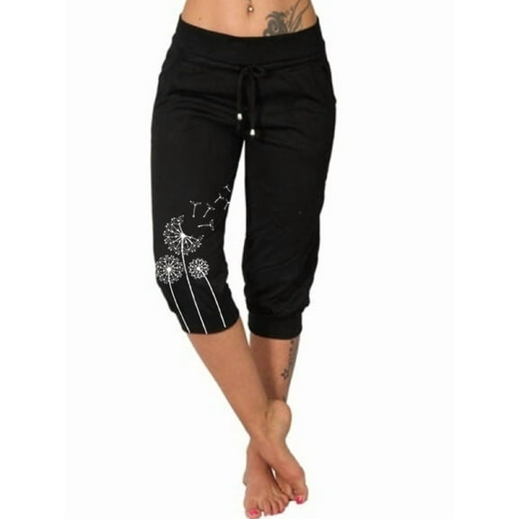 Elastic Waist Print Casual Pants Women Knee-Length Capris Loose Drawstring Joggers
