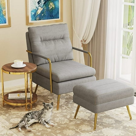 Andeworld Accent Chair with Ottoman,Upholstered Armchair with Foot Stool,Mid Century Modern Leisure Chair for Living Room,Bedroom(Grey)
