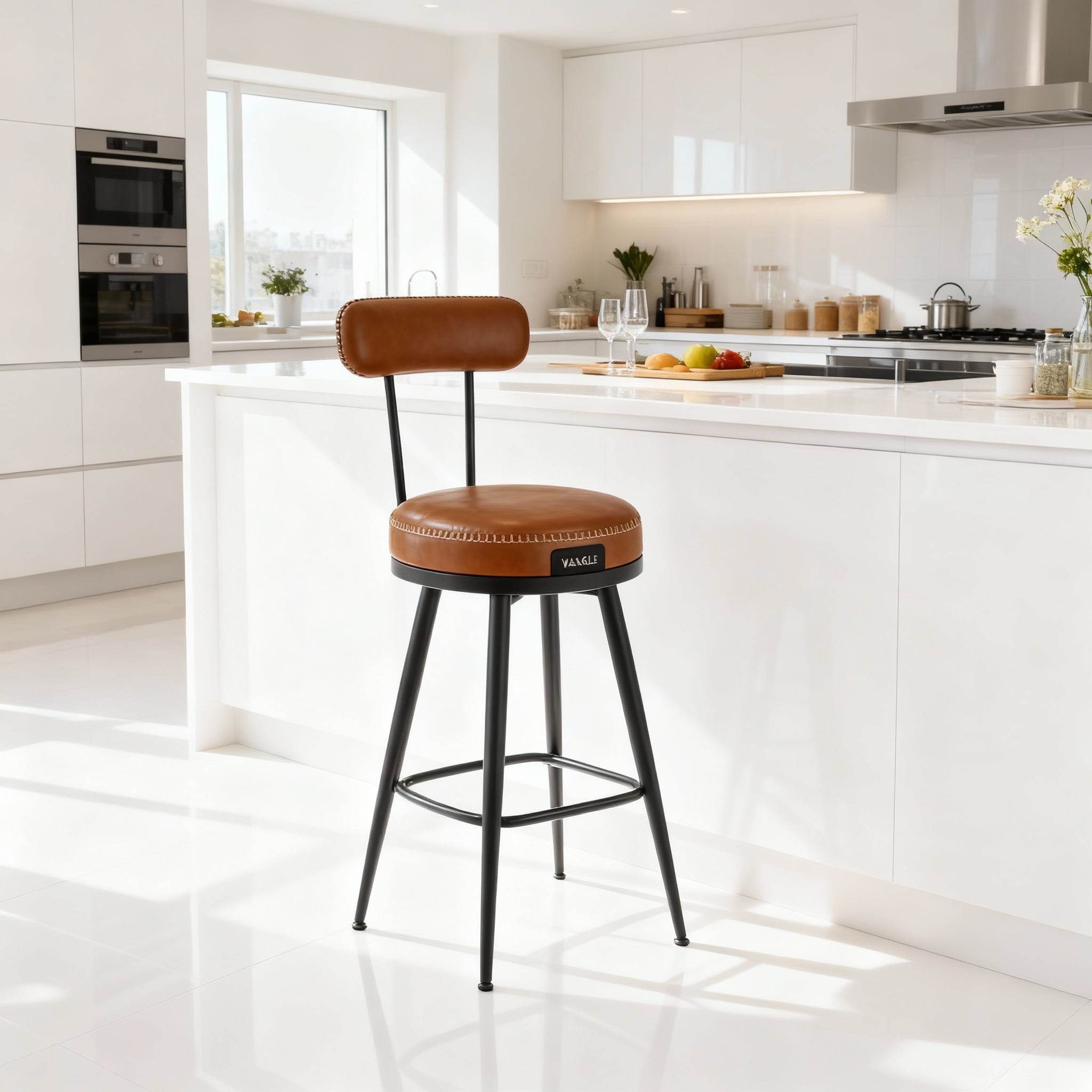 LEDREM Set of 2 Swivel Counter Height Bar Stools with Back,Kitchen&Home Bar Chairs,Padded Synthetic Leather Seats,25.6-Inch Tall,Caramel Brown