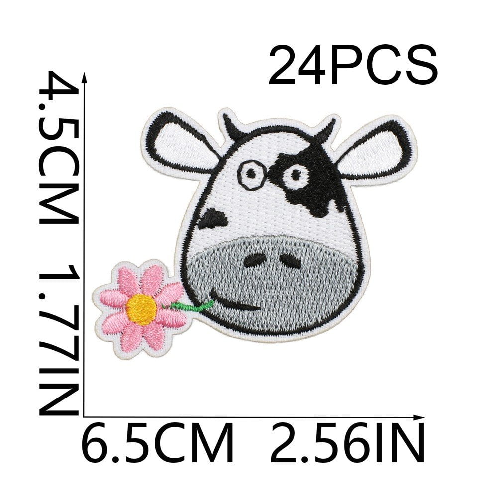 24 Pcs Cow Iron on Patches Bulk Embroidered Patches for Hats Clothes Cute Repair Kit Sew on Applique DIY Accessory for Backpack Pants Jeans