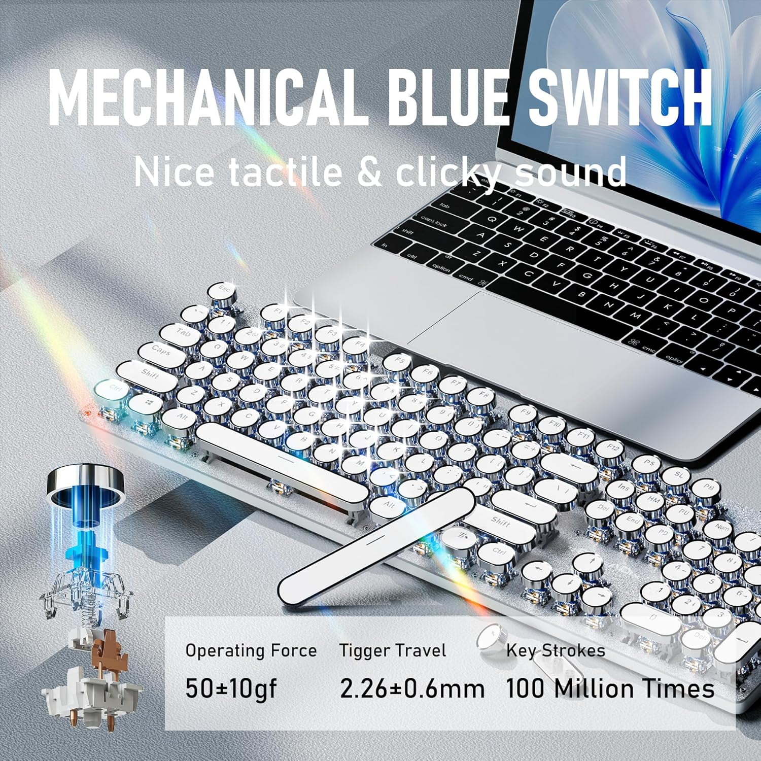 Typewriter Style Wired Mechanical Keyboard, 104 Keys Aesthetic Typewriter Keyboard with White Backlit, Anti-Ghosting, Blue Switch Wired Cute Keyboards