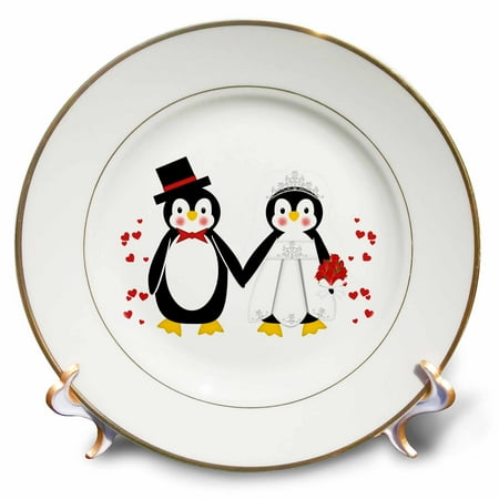 

3dRose Cute Red Hearts Penguin Bride and Groom Wedding Couple Porcelain Plate 8-inch