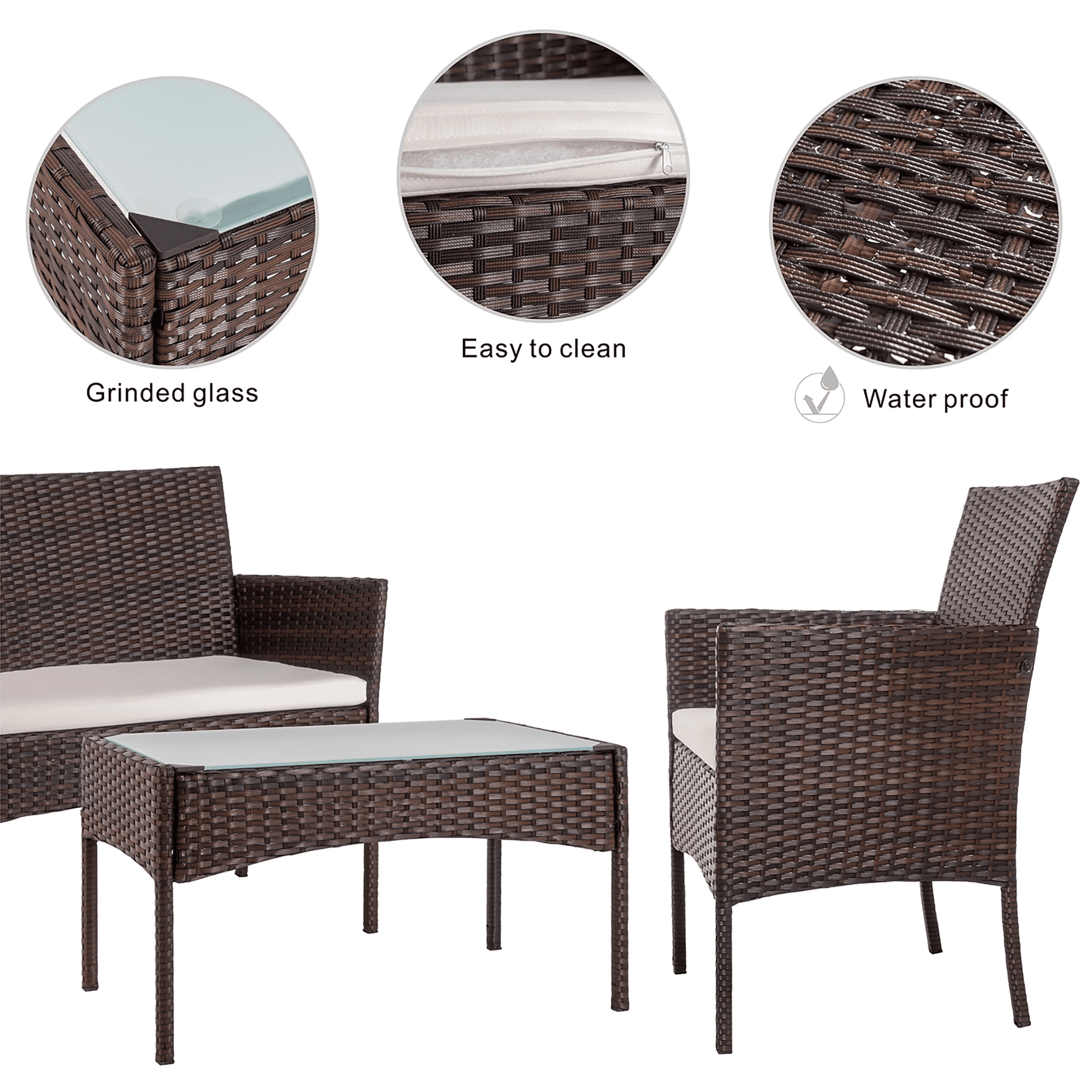 Walsunny 4 Pieces Patio Rattan Furniture Set,Wicker Conversation Set with Cushions and Tempered Glass Tabletop,Brown