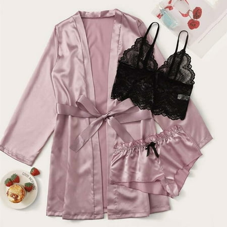 

Voncos Women Nightwear Pajamas Flash Picks- Lace Sling Sexy Shorts Bow Cardigan Robe Three Piece Set Mid Length Belt Waist Pink XL