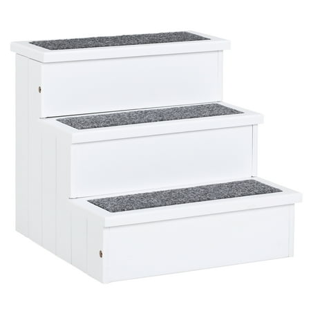PawHut 3 Step Wooden Carpeted Non Slip Pet Stairs Ramp for Cats and Small Dogs - White